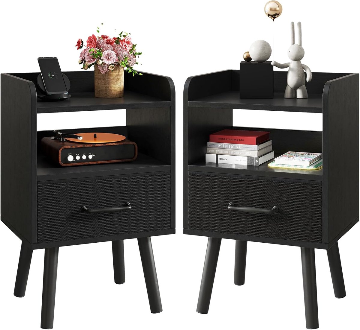 HOMESY Nachttafel Set van 2, Nachtkastje, Bijzettafel, Houten Banktafel, met verschuifbare Stofflade, Open Vak, Massief Houten Poten, 39x29x63 cm, voor Slaapkamer, Woonkamer, Zwart