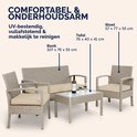 Afmetingen van taupe polyrattan tuinset: bank 107x76x55 cm, tafel 76x40x41 cm, stoel 57x77x55 cm.