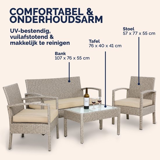 Afmetingen van taupe polyrattan tuinset: bank 107x76x55 cm, tafel 76x40x41 cm, stoel 57x77x55 cm.