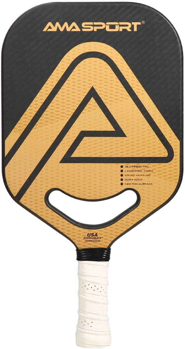 Pickleball Paddle PP002-3KG Goud/Zwart – 3K Carbon Surface – 20 mm Kern – Aero-DuraEdge & Air Dynamic Throat – AMA Sport