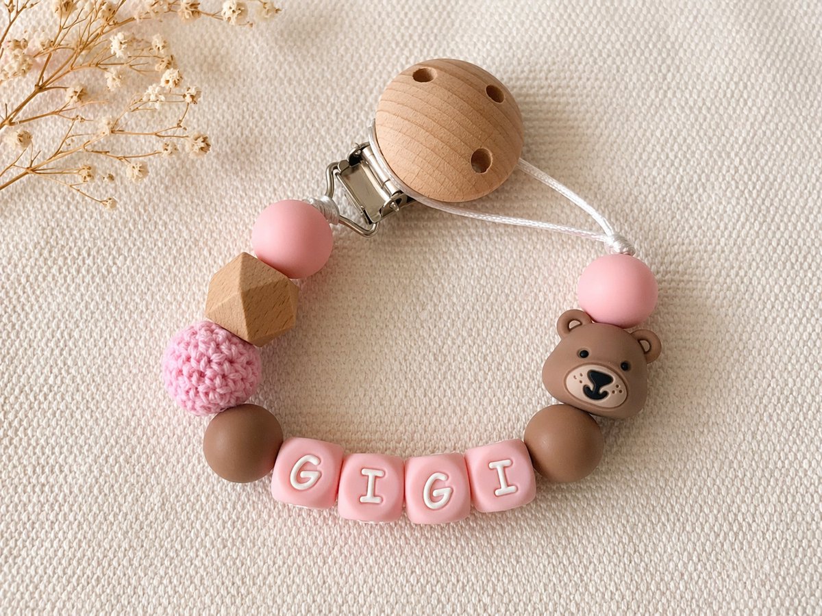 speenkoord met naam | gepersonaliseerd| roze-bruin-beertje| kraam cadeau & baby cadeau | baby | speenketting