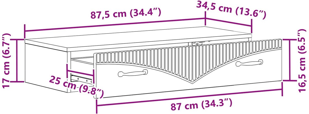 vidaXL Wandgemonteerde - Zijtafel - 87,5 - x - 34,5 - x - 17 - cm - Bewerkt - hout Artisanaal eiken