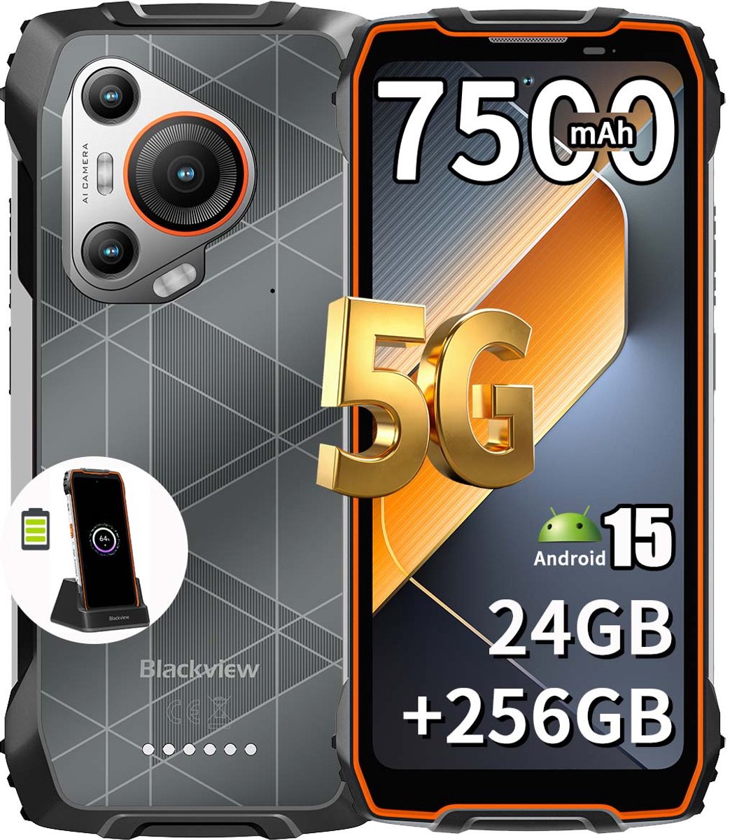 Blackview BL7000 Robuuste Smartphone & Oplaadstation Base Oplader Stand - 6.78 inch 120Hz - Android 15 - 24GB RAM - 256GB ROM - 50MP + 32MP Camera - 7500mAh - IP68 Waterdicht Outdoor Telefoon - Dual SIM 5G - NFC, OTG, GPS, FM - Oranje