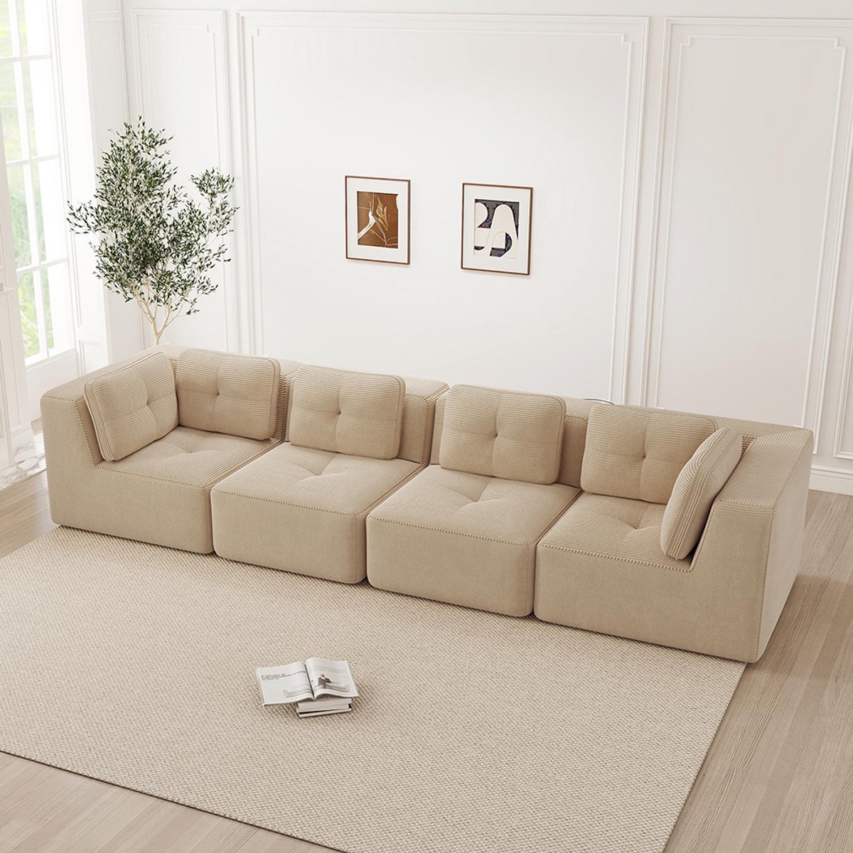 BLACKCOLORS Woonkamerbank zonder armleuningen, modulaire hoekbank met hoekelement, comfortabele 4-zitsbank met diepe zitting, zachte kussens en touwbekleding, geen montage nodig, antislipontwerp, Beige