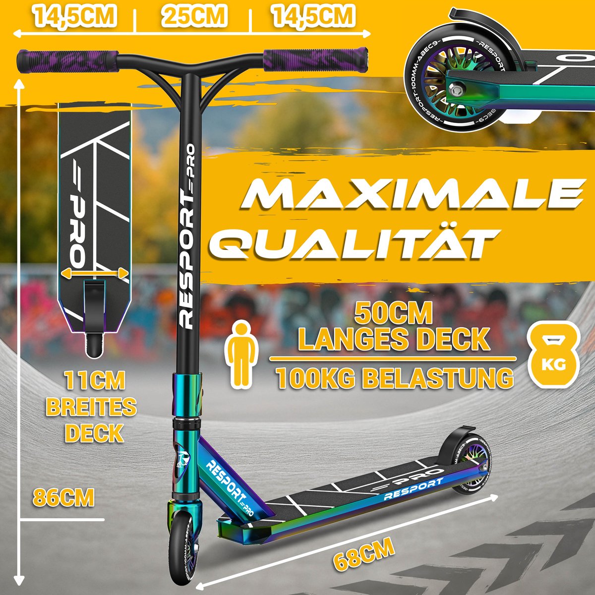 RE:SPORT Revo Pro Stuntstep, voor kinderen en volwassenen, met standaard, 110 mm, PU-wielen en Y-bar, ABEC 9 kogellagers, step (Rainbow Thunder)