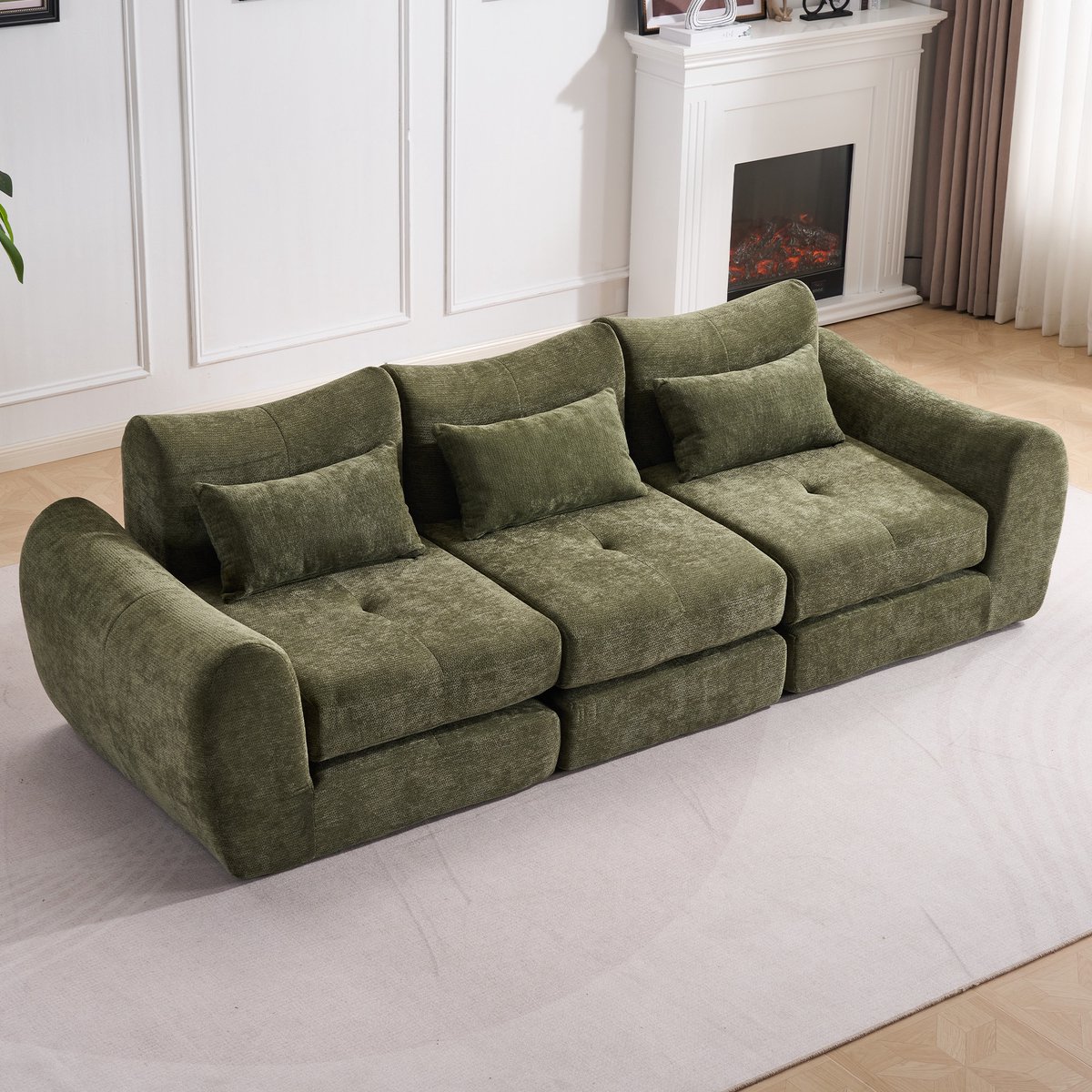 Multifunctionele Chenille Slaapbank – Opvouwbaar – Geschikt voor 3 Personen – Met 3 Kussens en Armleuningen – Comfortabel 3-in-1 Ontwerp – Te Gebruiken als Sofa, Ligstoel en Logeerbed – Ideaal voor Appartementen of Kleine Ruimtes–Groen
