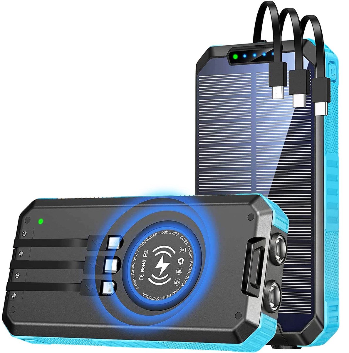Solar Powerbank 30.000 mAh met Ingebouwde Kabels en - Solar - €54,95