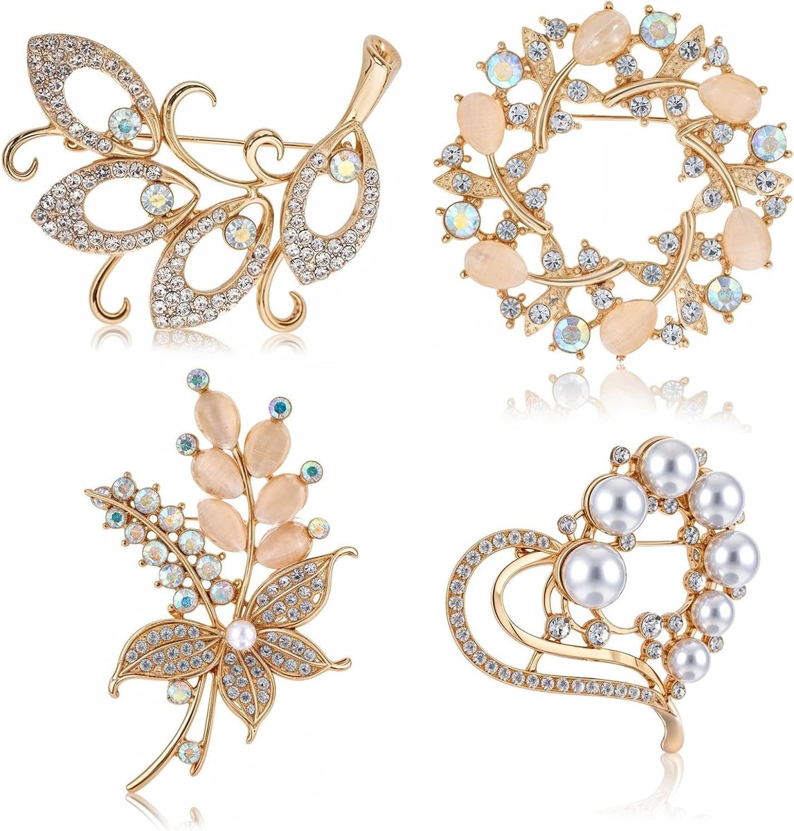 Elegante 4-delige Bloem Broche Set voor Dames met Kristallen en Parels - Perfect voor Bruiloften, Sjaals en Kleding Accessoires