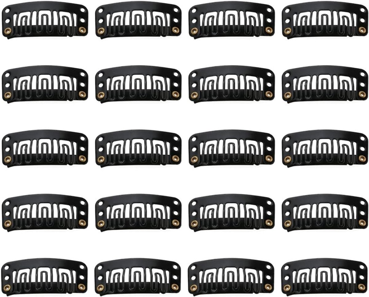 Haarverlenging Clips, 20 Stuks U-Vormige Metalen Clips, Zwarte 9 Tanden Kamclips voor Haarsystemen en Haaraccessoires