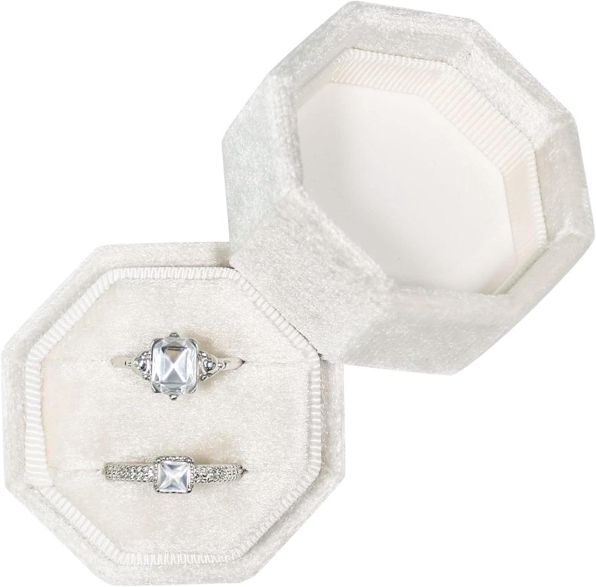 Ringendoosje Dubbel - Huwelijksaanzoek Doosje - Ring Presentatie - Octagonaal Ontwerp - 5x5x4.8cm - Ivoor