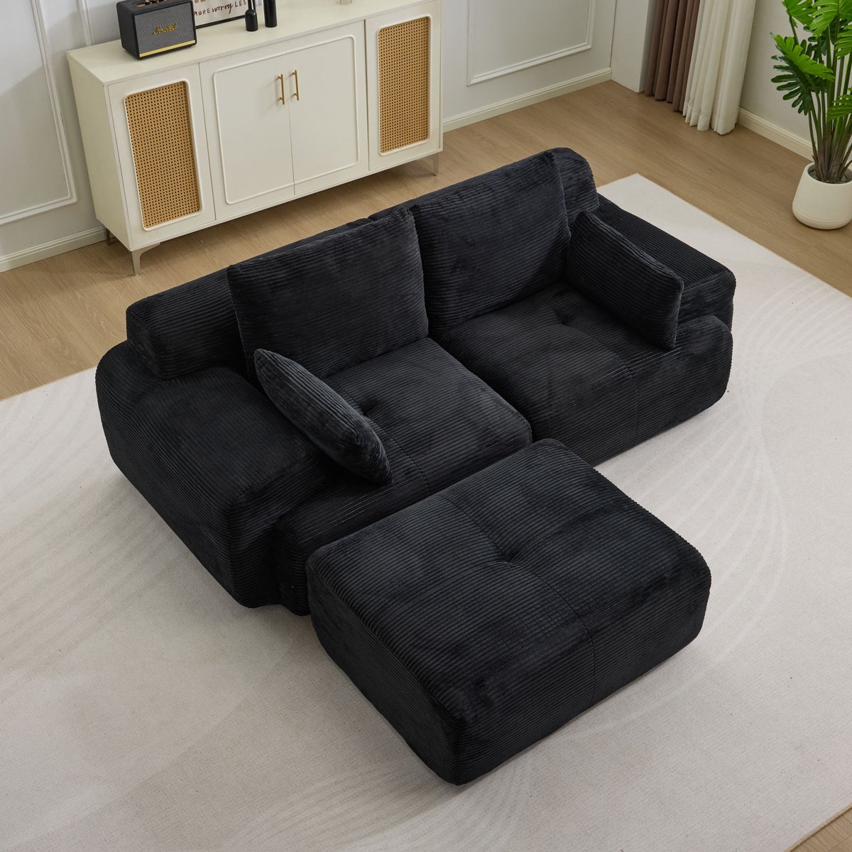 Multifunctionele Corduroy Slaapbank – Opvouwbaar met 2 Armleuningen – 3-in-1 Design – Geschikt voor 2 Personen – Flexibele Opstelling – Te Gebruiken als Logeerbed, Bank en Ligstoel – Woonkamer/Slaapkamer –Zwart