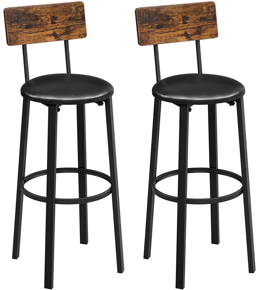 LEOBERT Set van 2 Barkrukken – Bruin/Zwart - Industrieel design – Met rugleuning en voetensteun – Zithoogte 75,5 cm Zwart/Bruin