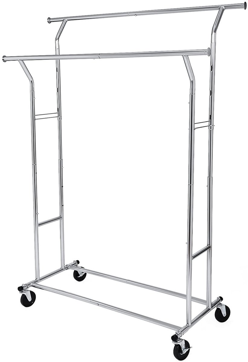 Kledingrek op wielen – Uitschuifbaar en verstelbaar – Dubbele stang – 129-169 cm breed – Zilver – Belastbaar tot 110 kg