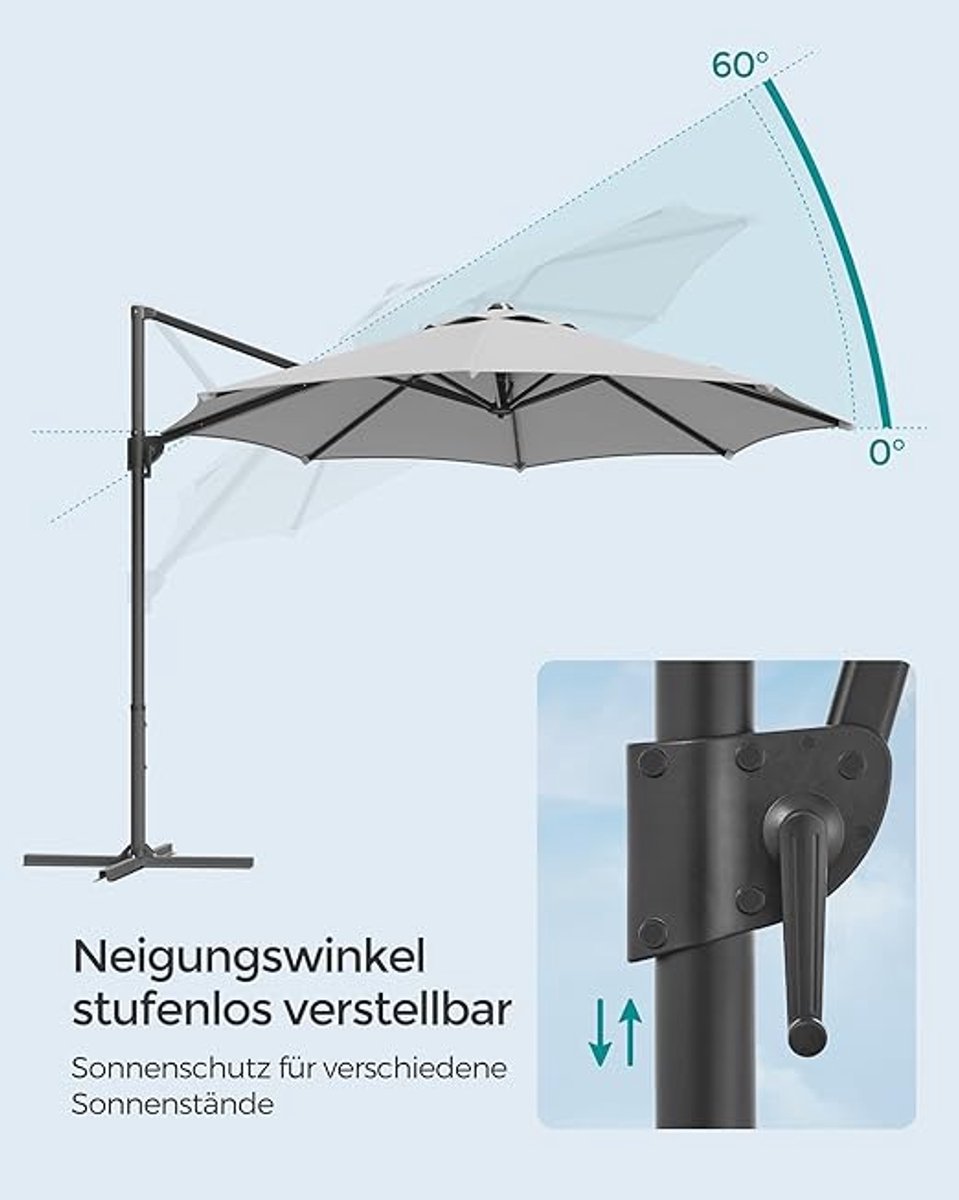 Zweefparasol 300 cm – 360° Draaibaar & Kantelbaar 0-60° – UPF 50+ UV-Bescherming – Met Zwengel & Kruisvoet – Stalen Frame – Tuin, Terras & Balkon – Duifgrijs – Nicolehome