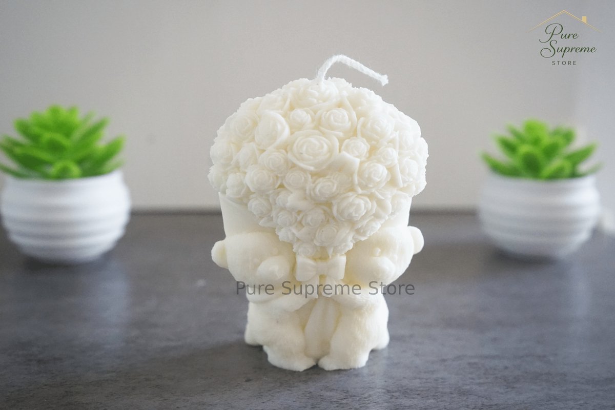 Decoratie kaars liefdes beertjes die boeket vasthouden | Handgemaakt | Valentijnsdag