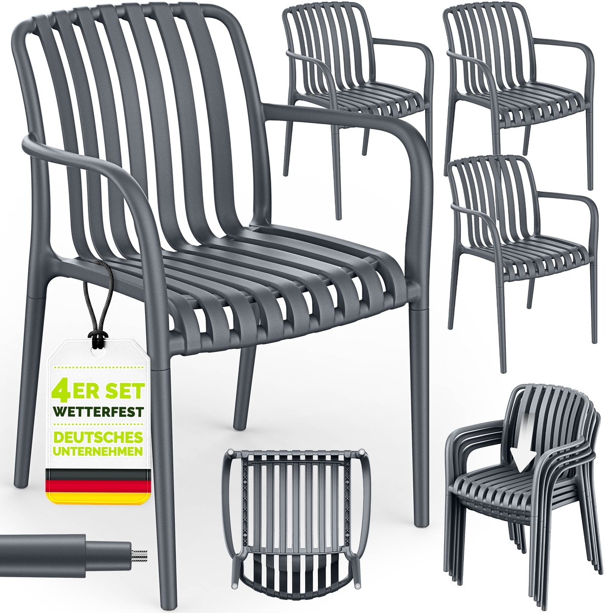 tillvex® Tuinstoelen 4-delige Set Stapelbaar Weerbestendig met Armleuning | Outdoor Stoelen tot 120kg Belastbaar | Tuinstoelen Outdoor | Terrasstoel Tuinmeubelen Balkon Tuin Terras