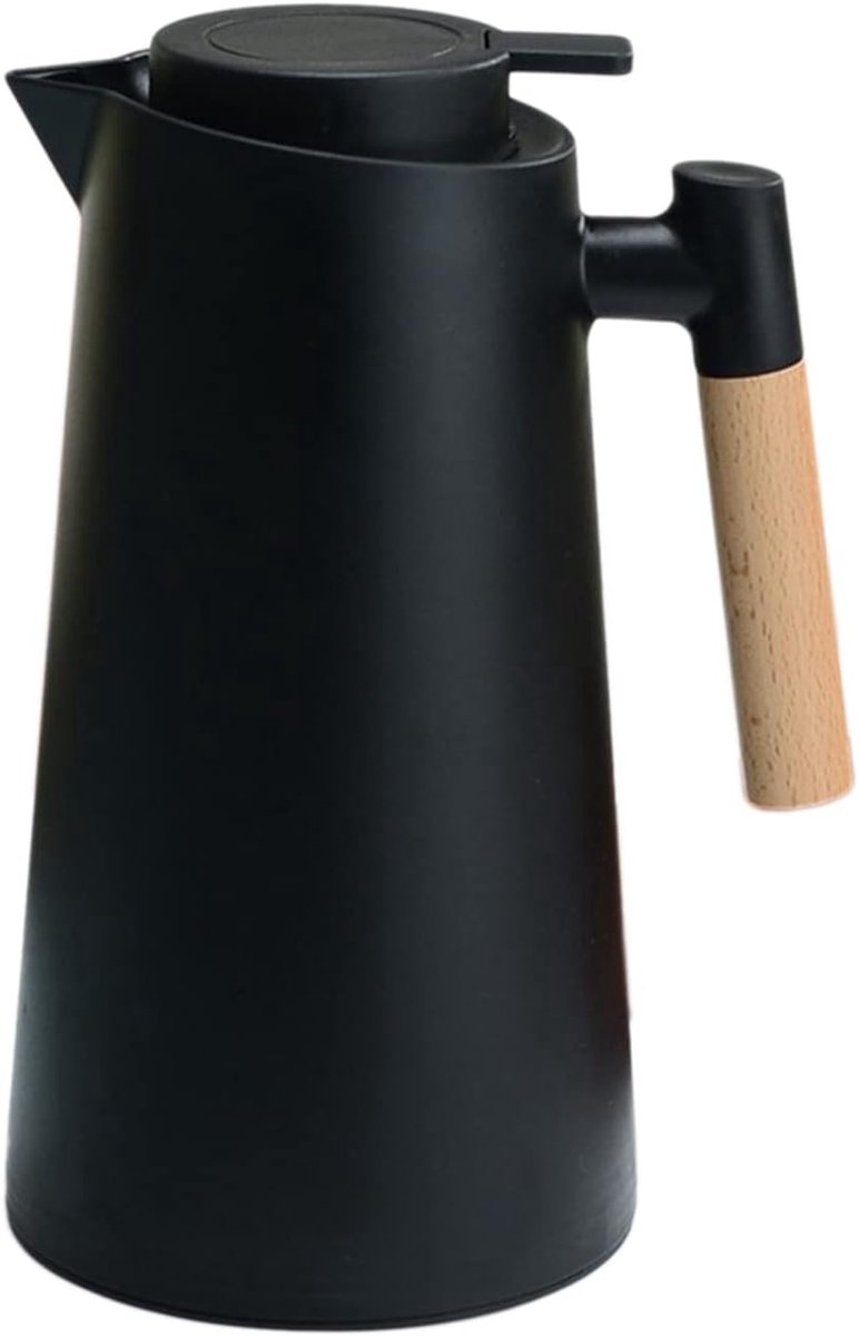 Geïsoleerde waterfles van 1 liter, dubbelwandig vacuümgeïsoleerd koffiezetapparaat, thermoskan met houten handvat, waterfles, theefles, houdt dranken warm of koud (zwart)