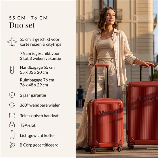 Vrouw met twee rode SUITSUIT koffers, een handbagage en een grotere koffer, op reis.