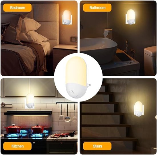 2 stuks LED-sensorlampen - nachtlampje - slaaplampje - nachtlampje - stekker - warm wit licht - geschikt voor kinderkamer/slaapkamer/gang/trap - Europese stekker - wit — afbeelding 5