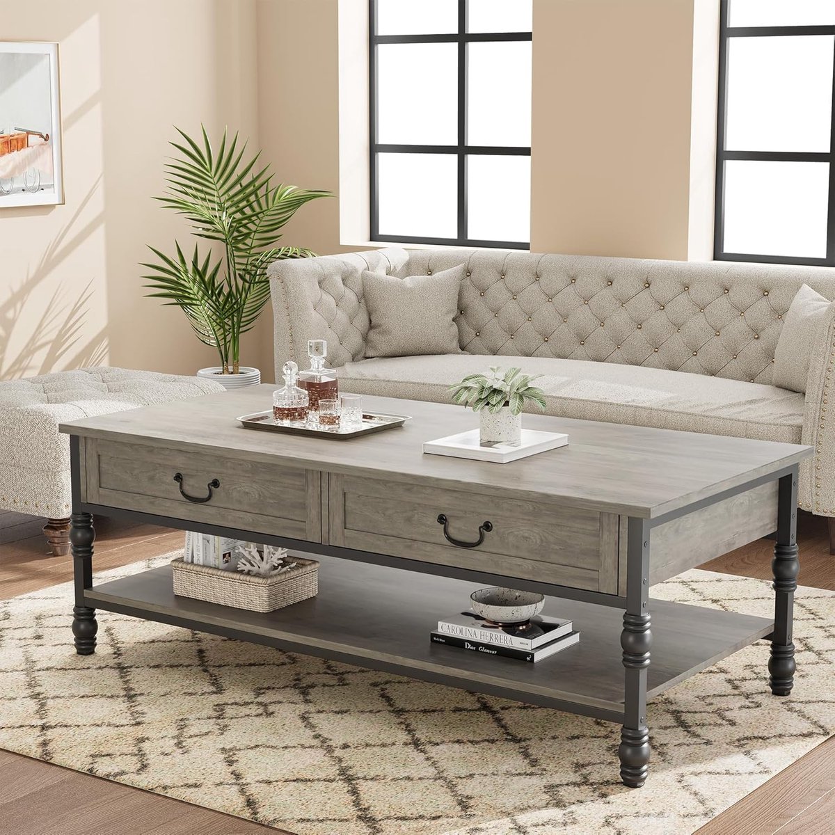 HOERFURIY Salontafel met Lades en Open Vakken - Vintage & Industrieel Design - Grijze Houtlook met Metaal - 104 x 56 x 46 cm Grijs