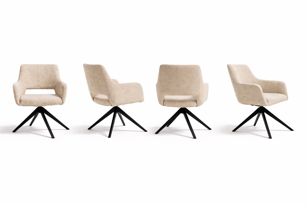 Bam & Boo Serena Draaistoelen Set van 2 – Beige Chenille Eetkamerstoelen met Armleuningen – 360° Draaibaar – Moderne Stoel – Zwart Metalen Onderstel – foto 7