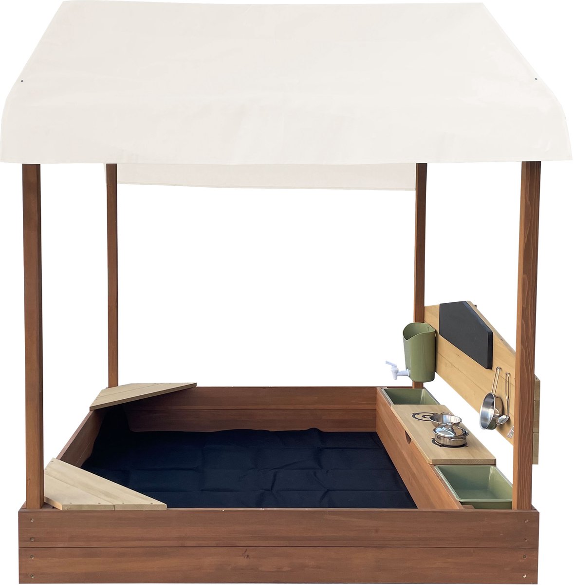 AXI Meli Zandbak & Speelhuisje 120 x 120 cm met Speelkeuken – Bruin - Met Dak – FSC hout – Met Krijtbord, Watertank en 6-delig Speelgoed Kookset – Met 2 Bankjes - Inclusief gronddoek – 10 jaar garantie — afbeelding 3