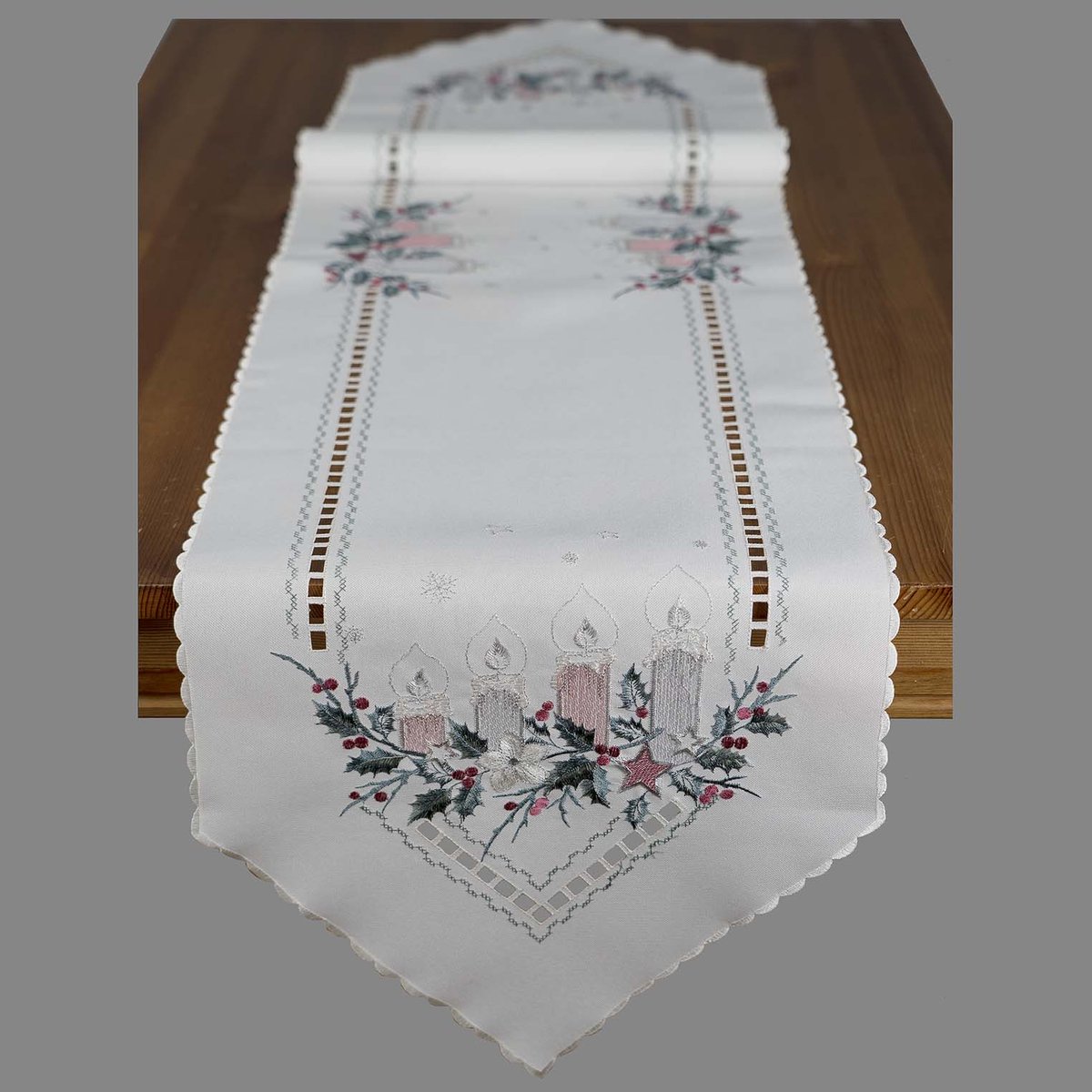 Tafelloper - Kerst - Geborduurd - offwhite met pastelkleur kaarsen - Hulst - 180 x 40 cm