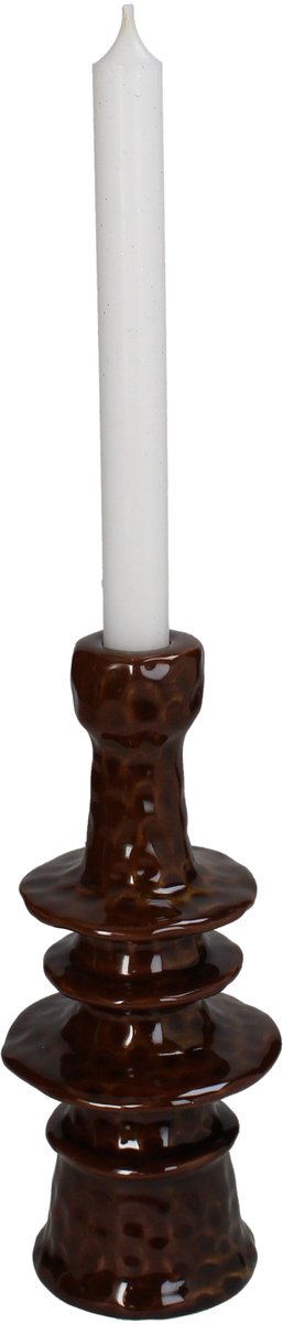 Kandelaar Inya - Keramiek - Bruin - 9x22x9 cm (BxHxD) - Voor dinerkaars - Sfeervol Interieur