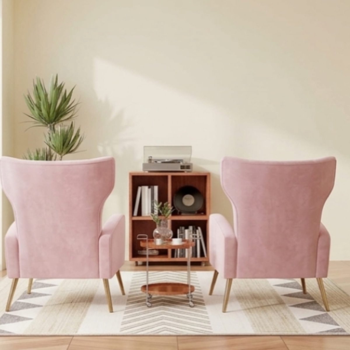Relaxfauteuil Set van 2 103x69x58 cm – Fluwelen Fauteuil met Hoofdkussen & Gouden Metalen Poten – Oorfauteuil / Televisiestoel / Lounge Stoel – Roze – Urbanhome