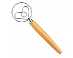 Deense Deegklopper - Dubbele Ring - Danish Whisk - Deegmenger - Houten Handvat - RVS - 33,5 cm