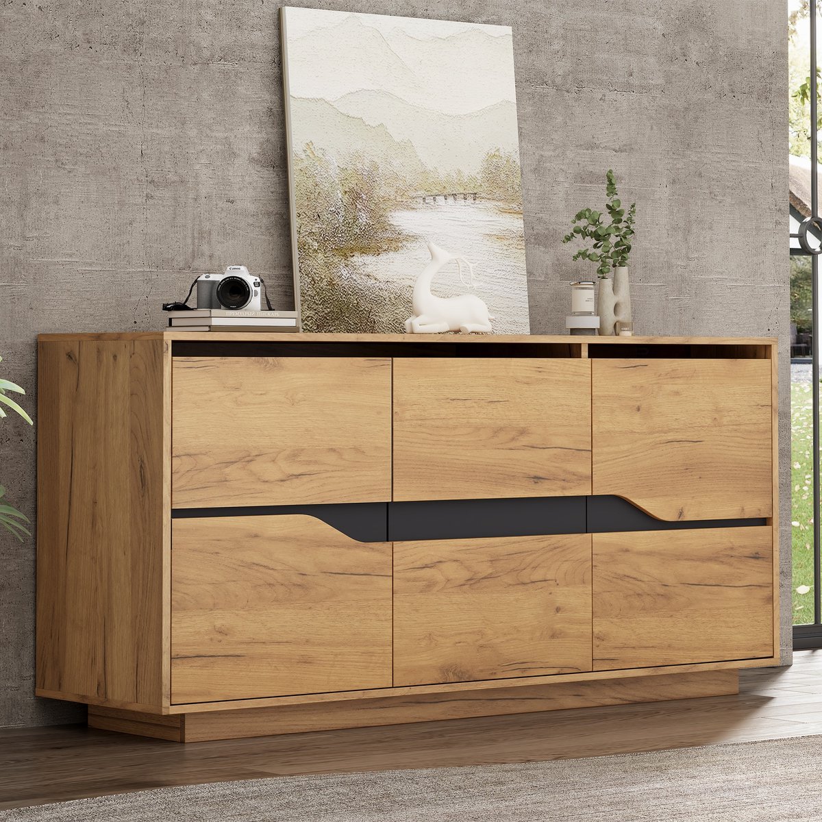 PHOEBE CAT Dressoir - 140 x 40 x 70 cm - Driedeurs kast - Verstelbare planken - Houtlook - Natuurlijke + Zwart