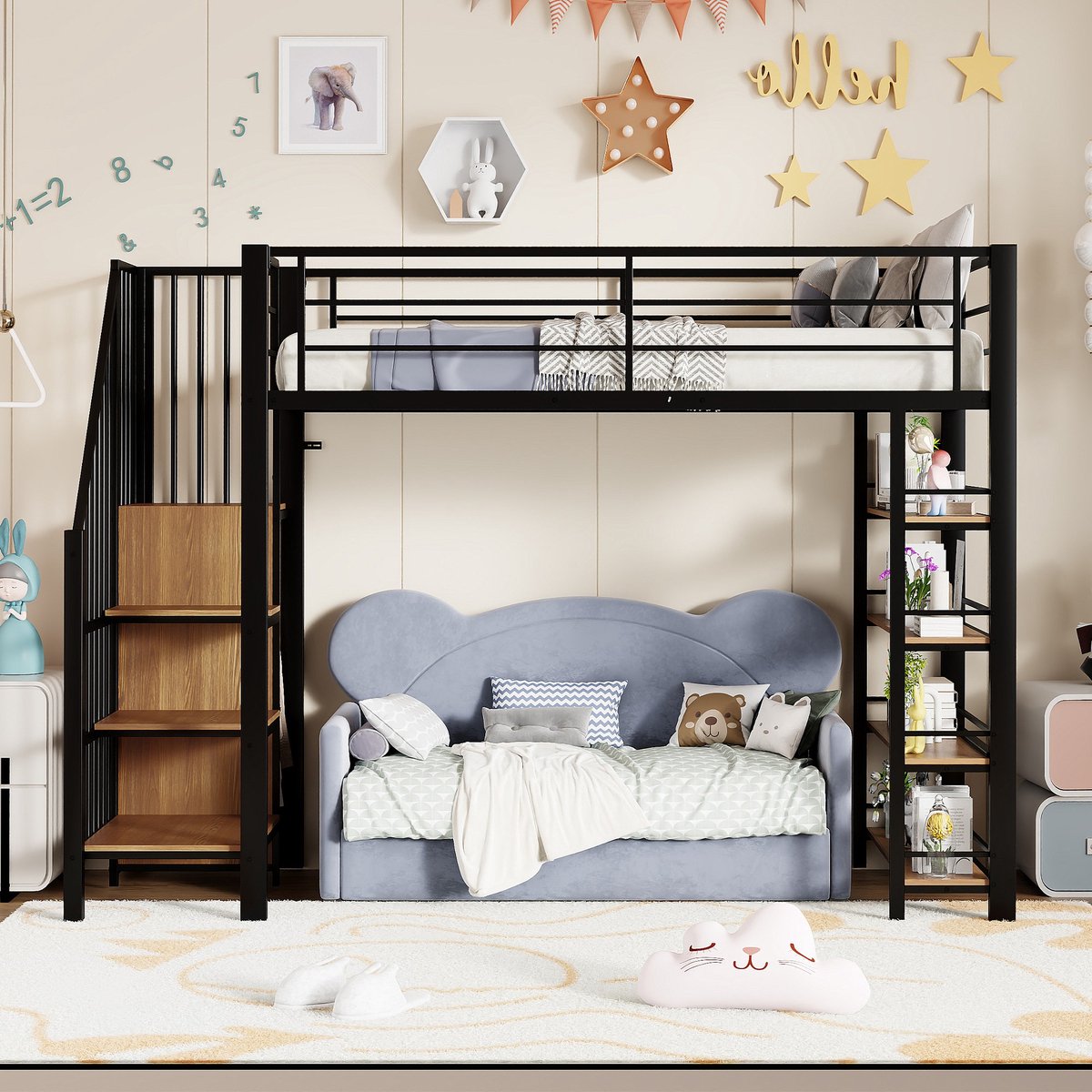 VVBV Kinderhoogslaper 90x200 cm - Opbergruimte, Planken, Trap/Ladder, Uitvalbeveiliging, Voor Kinderen/Tieners - Zwart Black