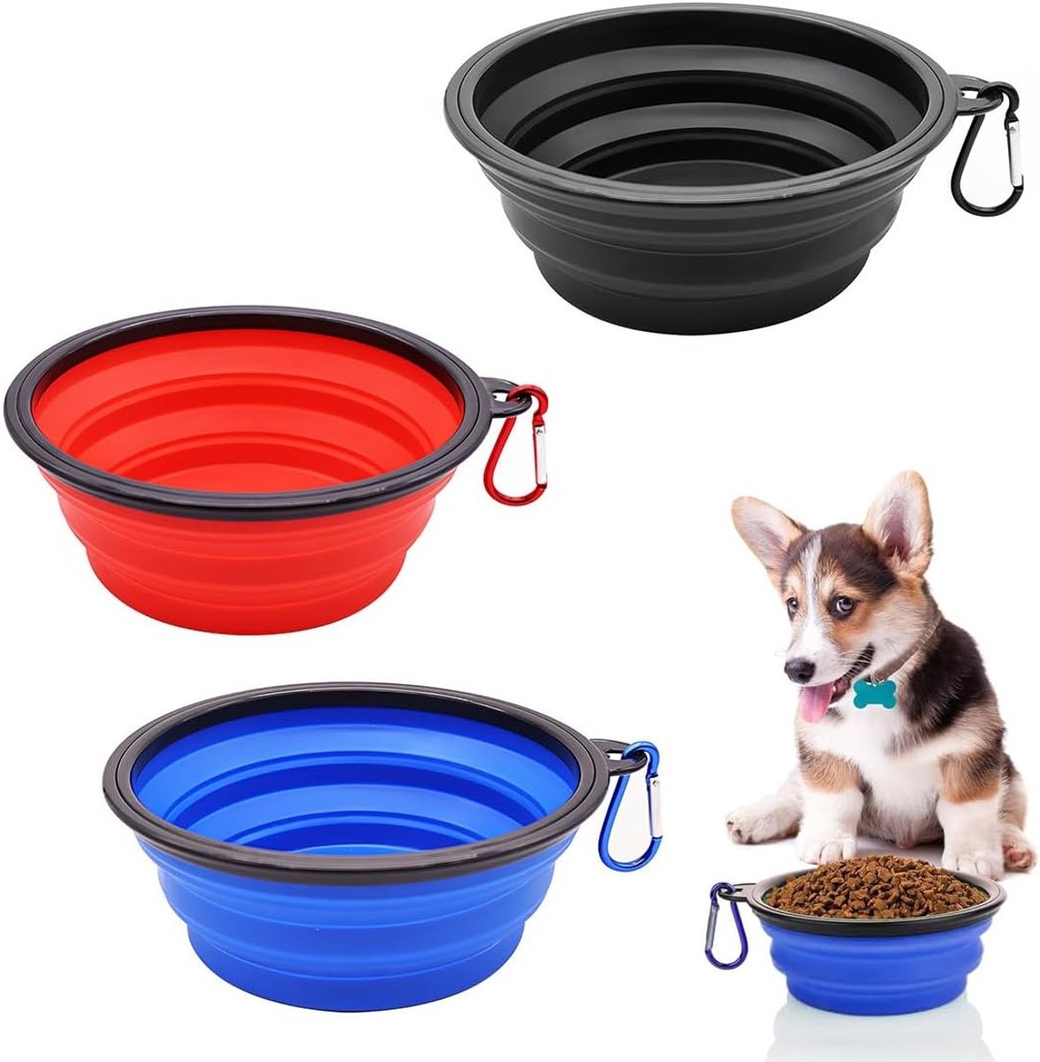 Set van 3 Vouwbare Honden- en Kattenkommen, Draagbare Siliconen Drinkkommen met Haak, Ideaal voor Water en Voer, Ruimtebesparend en Makkelijk mee te nemen