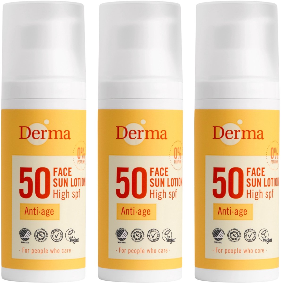 Derma Sun - Gezichtszonnecrème SPF50 - 3 x 50 ml - Waterbestendige Gezichtszonnebrand - Met Hyaluronzuur en Vitamine E - Parfumvrij - UVA en UVB Bescherming - Hypoallergeen