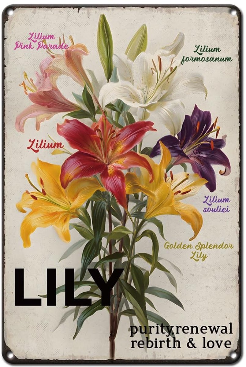 Dailygoods- Metalen Bord Vintage - Retro Wanddecoratie - Botanische Lelies - 20 x 30 cm - Rustieke Uitstraling - Tuindecoratie - Wandbord