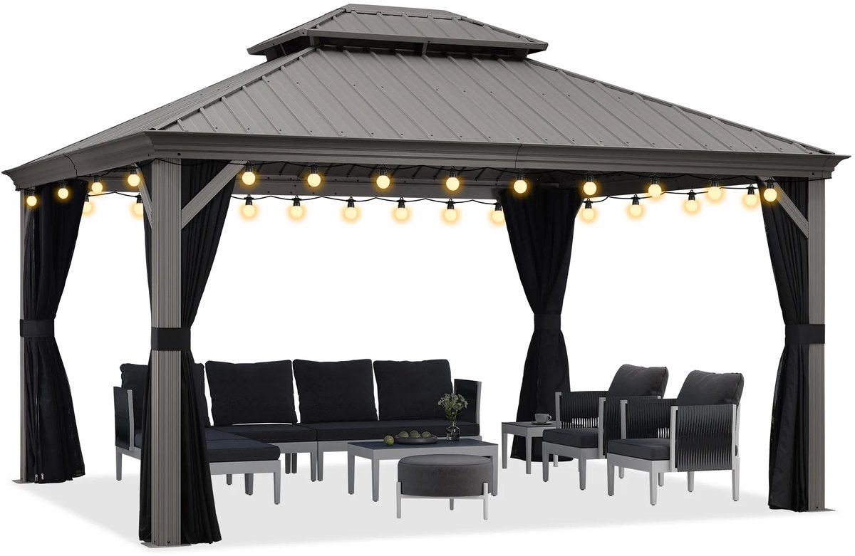 PURPLE LEAF Hardtop Aluminium Tuinpaviljoen – Dubbel dak – Hoogwaardige Gordijnen – Wind- en weerbestendig – Luxe Lichtgrijs – Met Sfeerverlichting