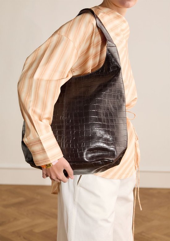 Manfield Donkerbruine Leren Croco Shopper Met Ritssluiting - Maat Onesize