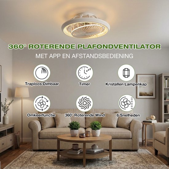 Rosnek Binnenroterende Plafondventilator met Lamp - Ø49 cm - Crystal LED Plafondlamp Dimbaar - App & Afstandsbediening - 6 Snelheden - 360° Luchtcirculatie - Wit — afbeelding 5