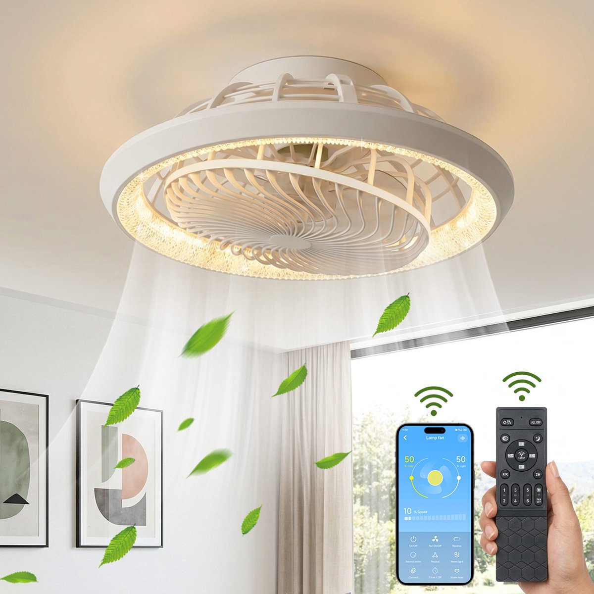 Rosnek Binnenroterende Plafondventilator met Lamp - Ø49 cm - Crystal LED Plafondlamp Dimbaar - App & Afstandsbediening - 6 Snelheden - 360° Luchtcirculatie - Wit