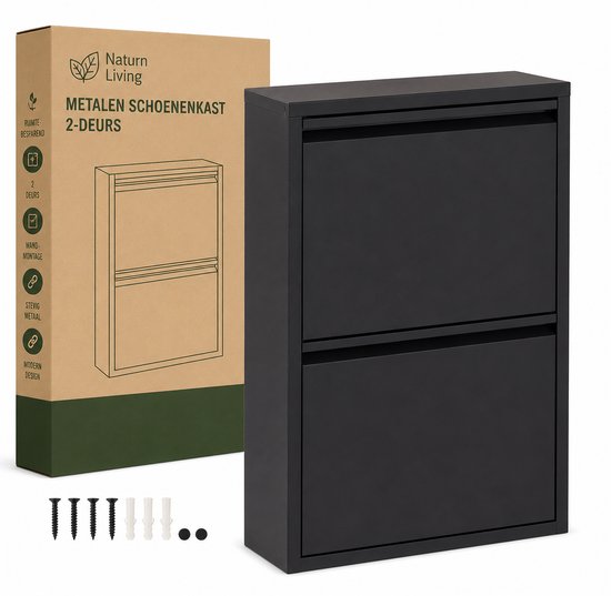 Metalen Schoenenkast 2-Deurs Mat Zwart – Smalle Schoenenkast 50 x 15 x 71,5 cm – Ruimtebesparend Schoenenrek met Wandmontage – Moderne Schoenenopberger voor Hal & Gang – Mat Zwart