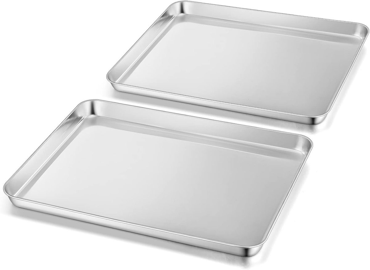 Set van 2 grote roestvrijstalen bakplaten rechthoekig voor bakken koken en serveren vaatwasmachinebestendig en veilig voor voedsel