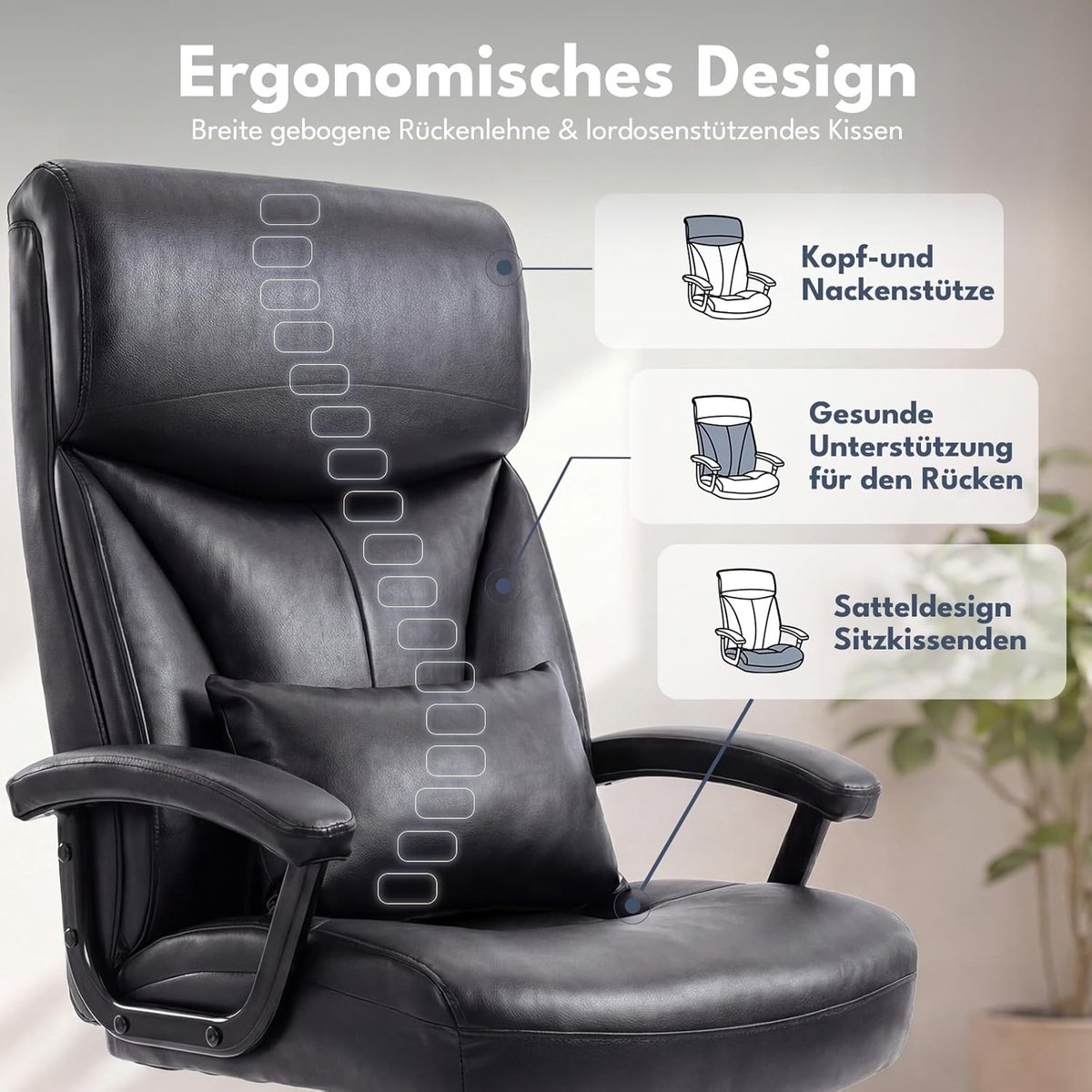 Ergonomische XXL Bureaustoel 200 kg – House&Garden Premium Managersstoel met Kantelfunctie – Brede Directiestoel met Dik Zitkussen, Lendenkussen & Krasbestendig Leer – Verstelbare Comfortabele Kantoorstoel Zwart