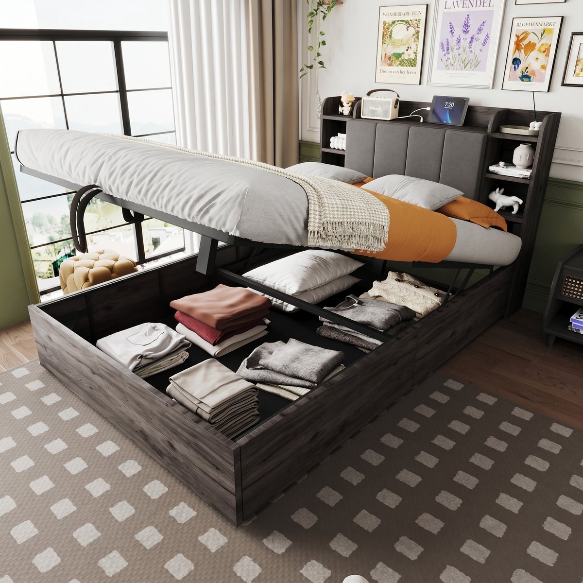 VVBV Bed met opbergruimte 140x200 / Tweepersoonsbed 140x200 – met Hydraulische Opbergruimte, USB, Stopcontact – Hoofdbord – MDF – Grijs – Zonder Matras Gray