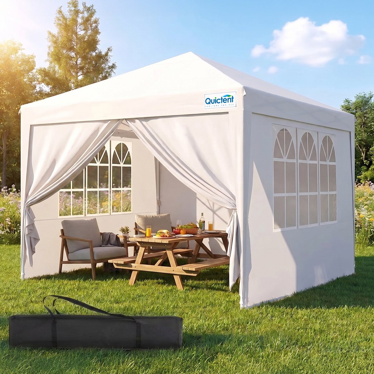 Quictent Opvouwbaar Tuinpaviljoen 3x3m – Waterdicht Partytent met 4 Zijwanden, UV 50+ & Roltas – Wit
