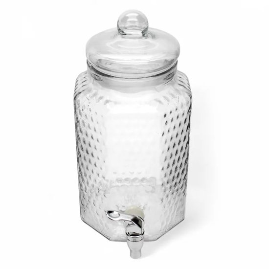 Glazen drankdispenser met honingraatstructuur en zilverkleurig kraantje, op een witte achtergrond.