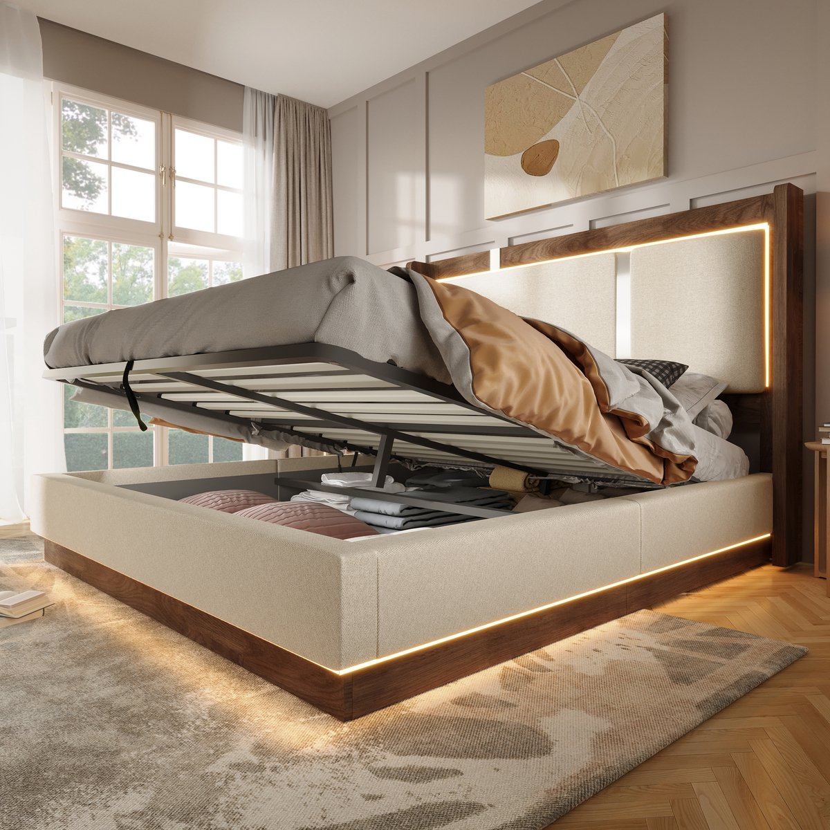 FloraGrace Gestoffeerd Bed 140x200 cm - Tweepersoonsbed Met LED En Hydraulische Opbergruimte - Lattenbodem - Beige Walnoot - Zonder Matras