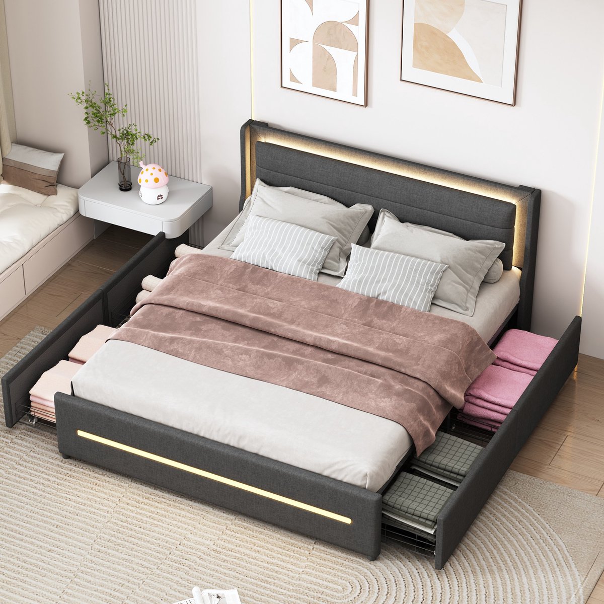 VVBV Gestoffeerd Bed 160x200 cm - LED-Verlichting, Planken, Lattenbodem, Voor Hal/Entree - Linnen Grijs - Zonder Matras Gray