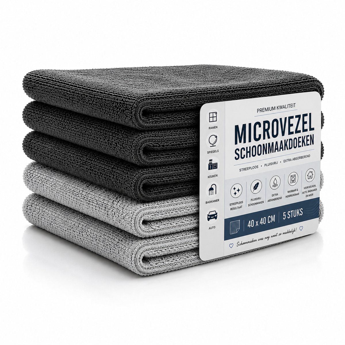 Microvezeldoeken - Schoonmaakdoeken 5 Stuks - 40x40 cm - Grijs