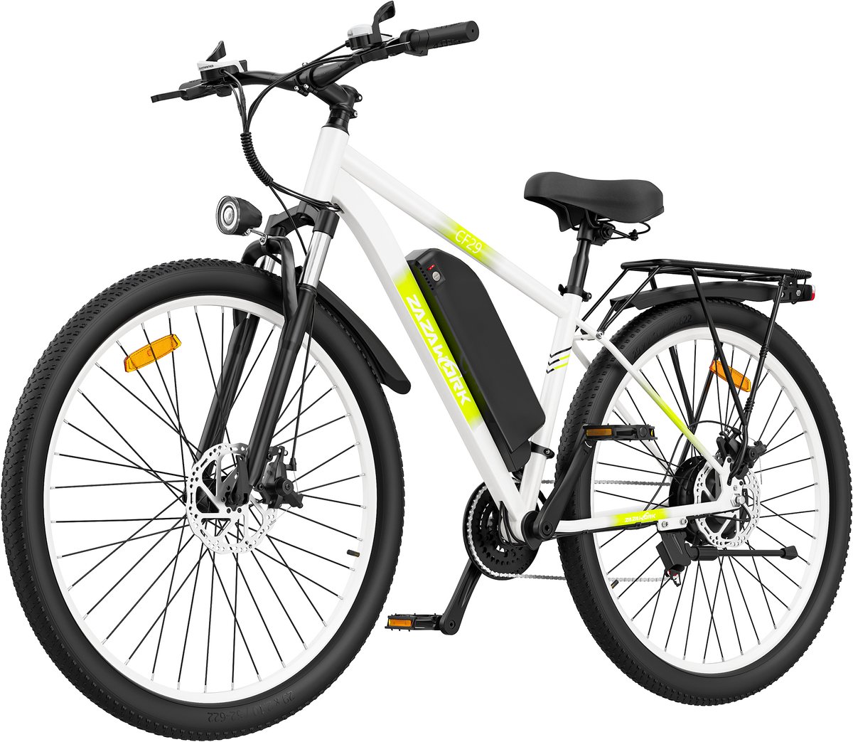 ZAZAWORK CF29 29" Elektrische Fiets 250W 48V 15Ah - 21 Versnellingen - 80-100 km Actieradius - Shimano - LED Display - Stads - & Mountainbike - Wit en groen