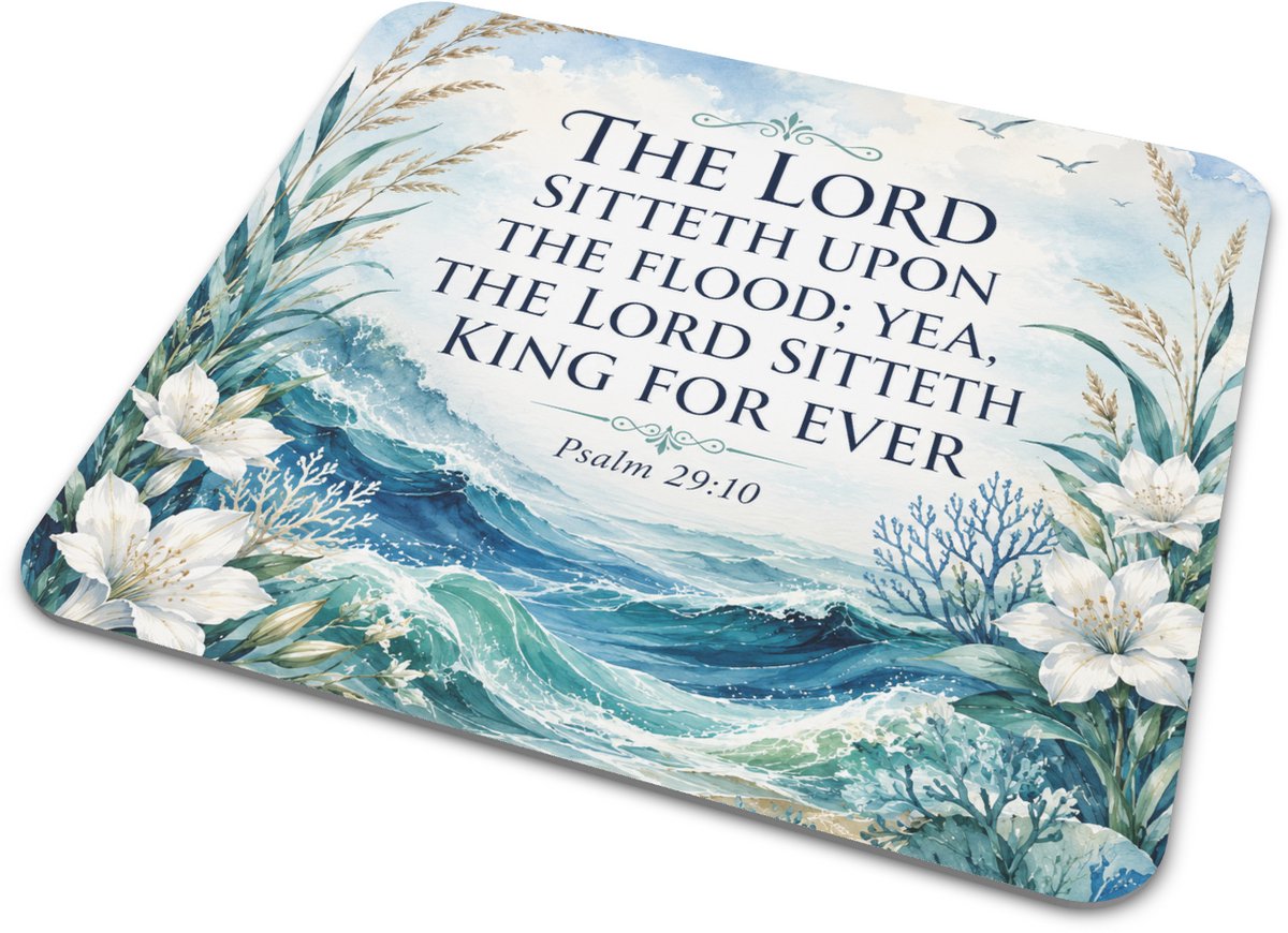 Muismat - Bijbeltekst The Lord sitteth upon the flood Psalm 29:10 - Oceaan Golven Aquarel - Christelijk Cadeau Bureau